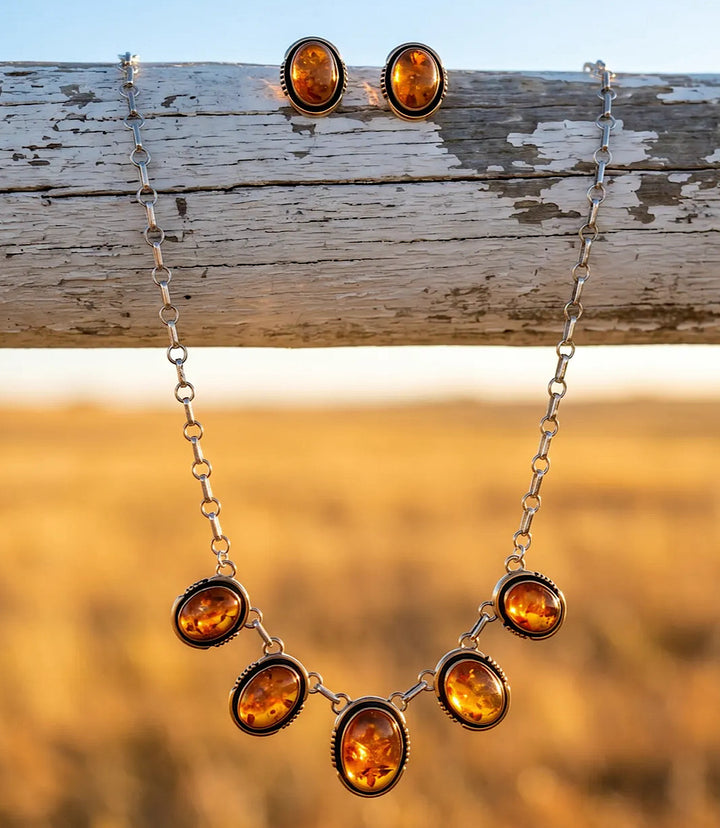 Vintage Amber Station Necklace And Earring Set