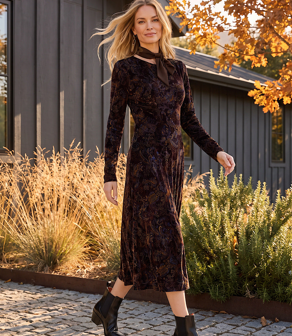 Long Sleeve Velvet Burnout Midi Dress