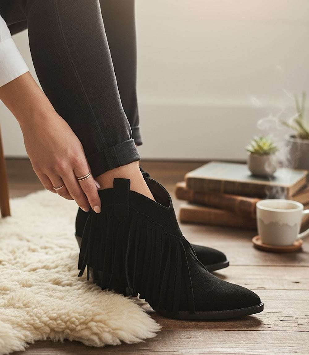 Seychelles Easy Come Easy Go black suede ankle booties with fringe and pointed toe.