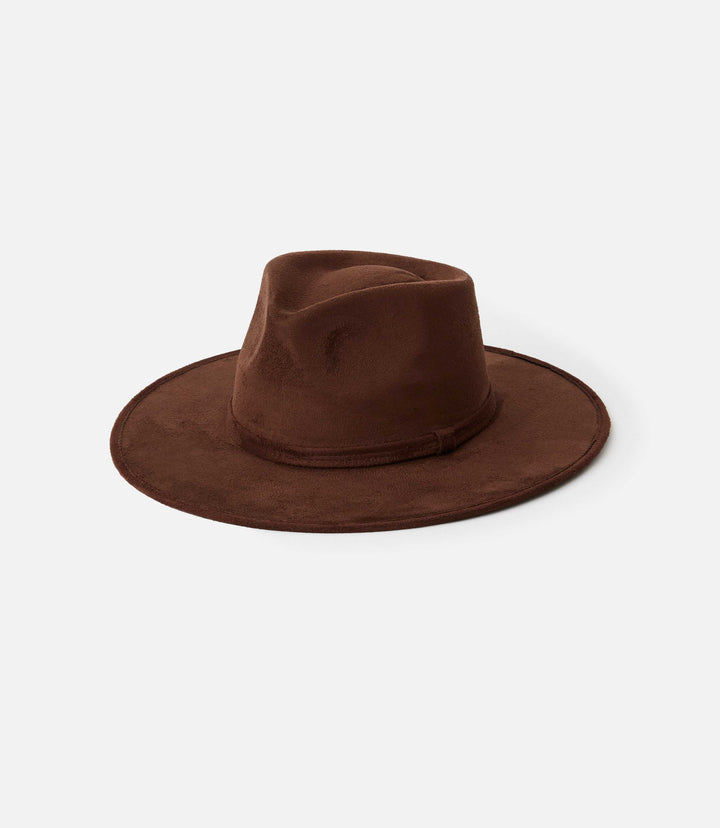 Chocolate brown vegan suede rancher hat with teardrop crown and flat brim
