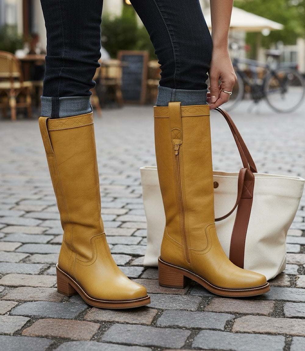 Frye Kate Pull On Riding Boots mustard yellow leather tall square toe block heel boots