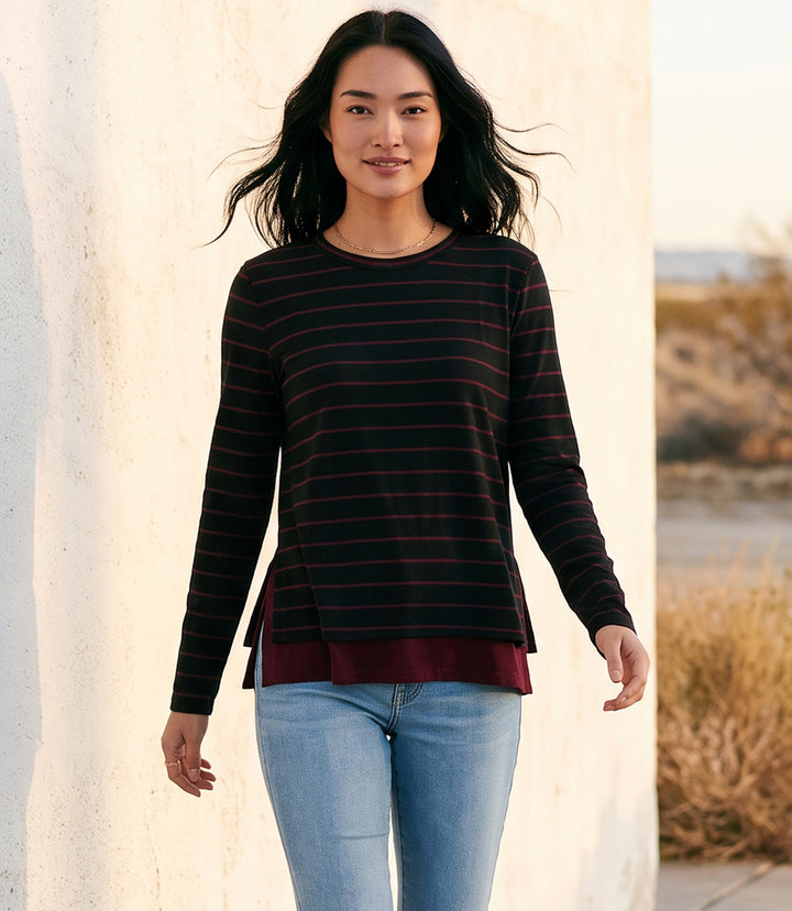 Long Sleeve Stripe Double Layer Side-Slit Top