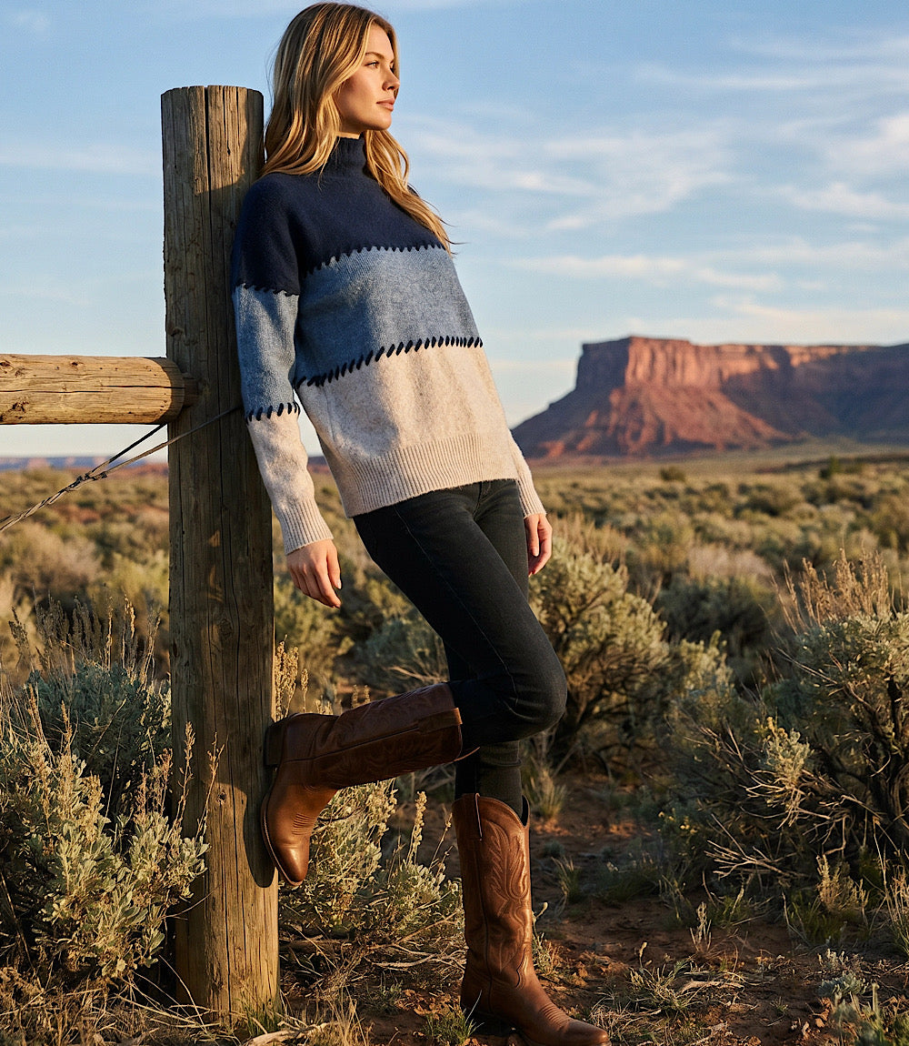 Contrast Stitch Mock Neck Colorblock Sweater