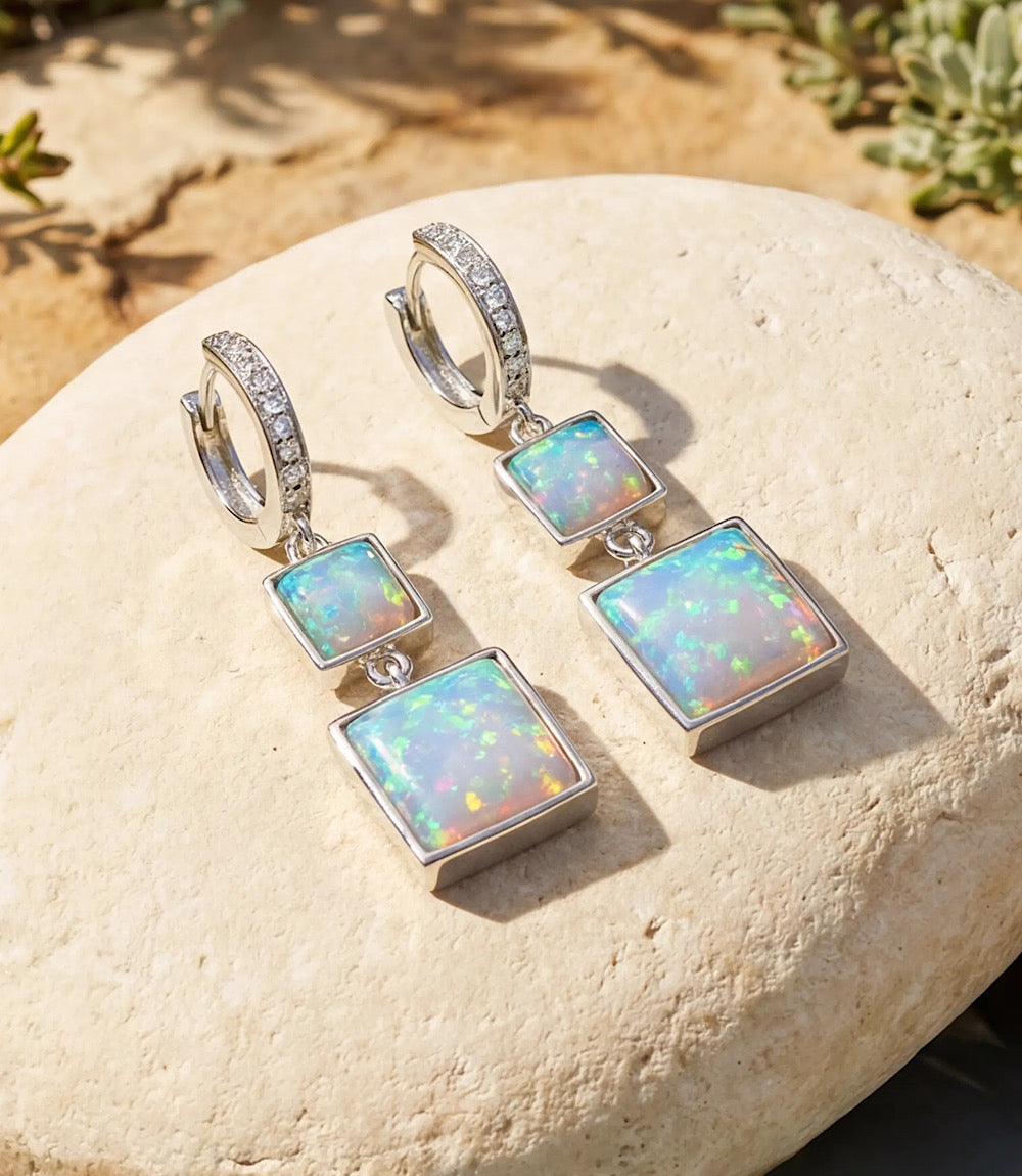 Square Opal Huggie Earrings
