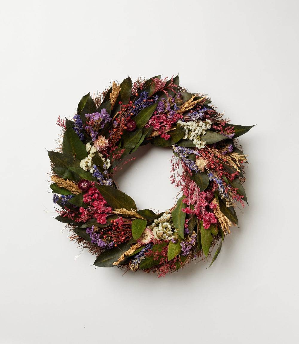 Newport Floral Wreath with dried flowers and green leaves on twig base, 19 inches diameter, decorative seasonal home accent