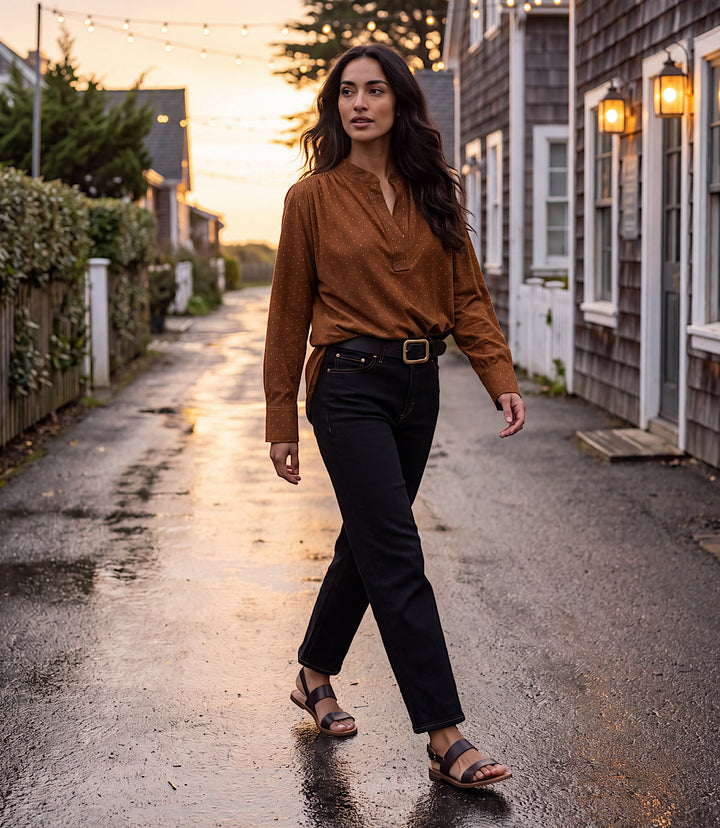 Petite Size Faux Suede Embellished Half-Placket Shirt