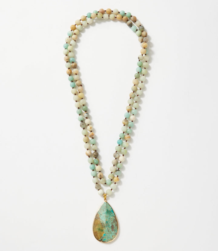 Long Beaded Amazonite Pendant Necklace