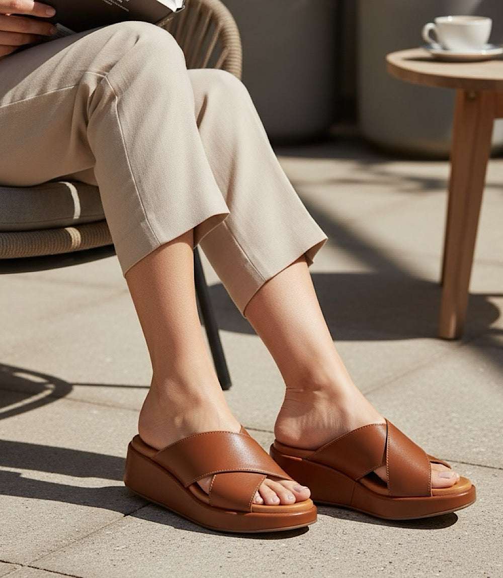 Key Largo Slip On leather platform sandals with crisscross design and soft soles for comfort