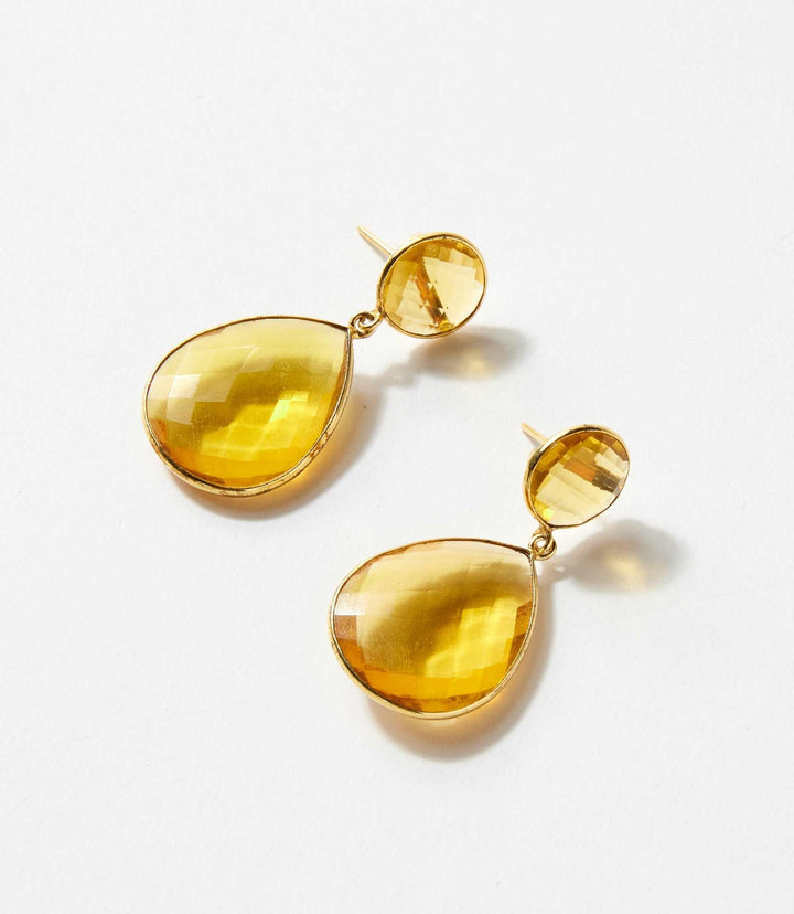 Teardrop gemstone citrine drop earrings with gold plating, 1.75-inch length, elegant and sophisticated design.