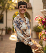 Blouson sleeve satin tie-front top with hydrangea floral print and collared neckline