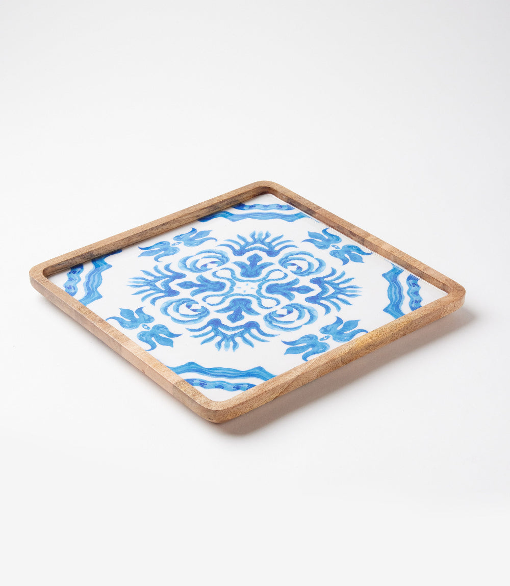 Blue Block Print Serving Trays, Set Of 2