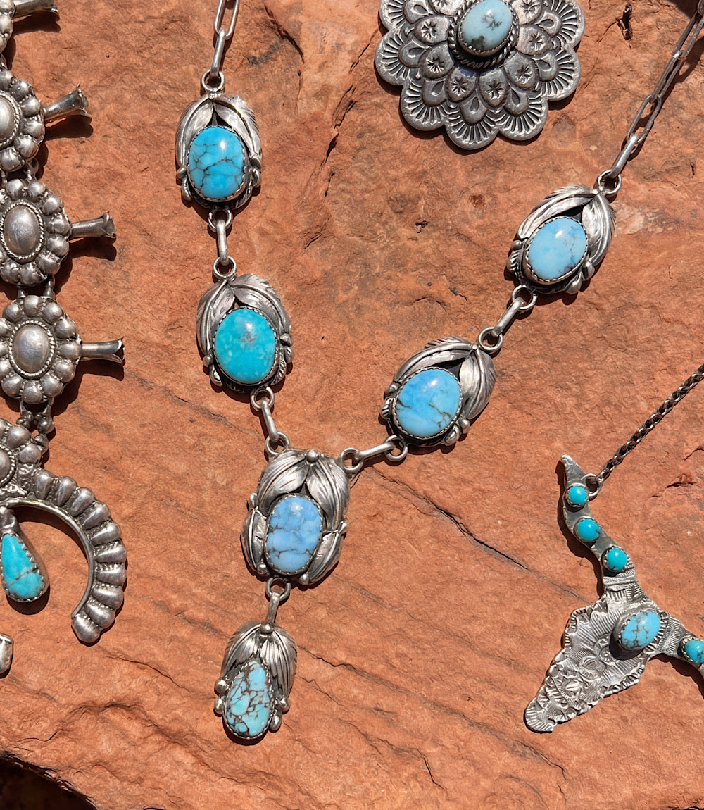 Feather Embellished Turquoise Lariat Necklace
