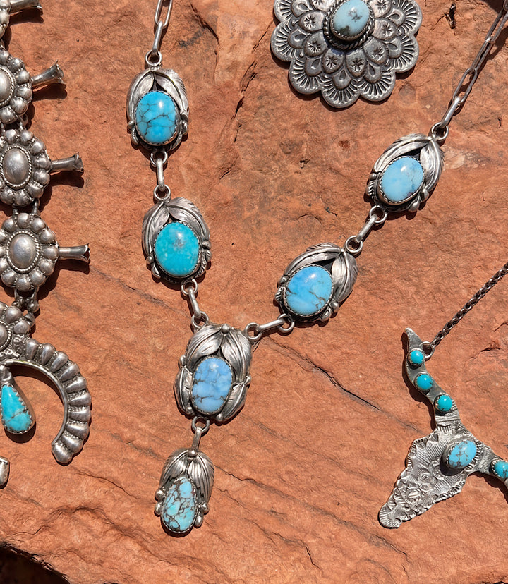 Feather Embellished Turquoise Lariat Necklace