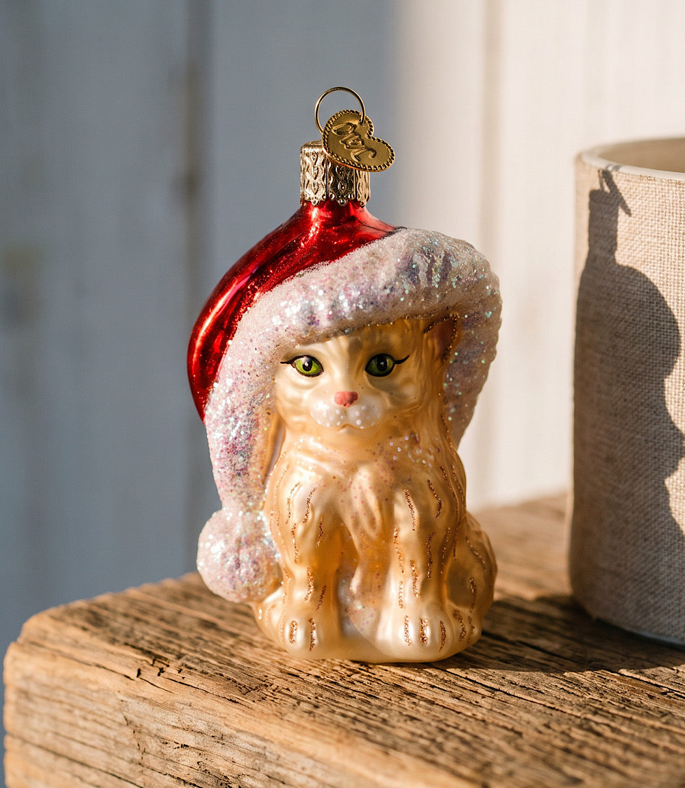 Santa's Kitten Glass Ornament