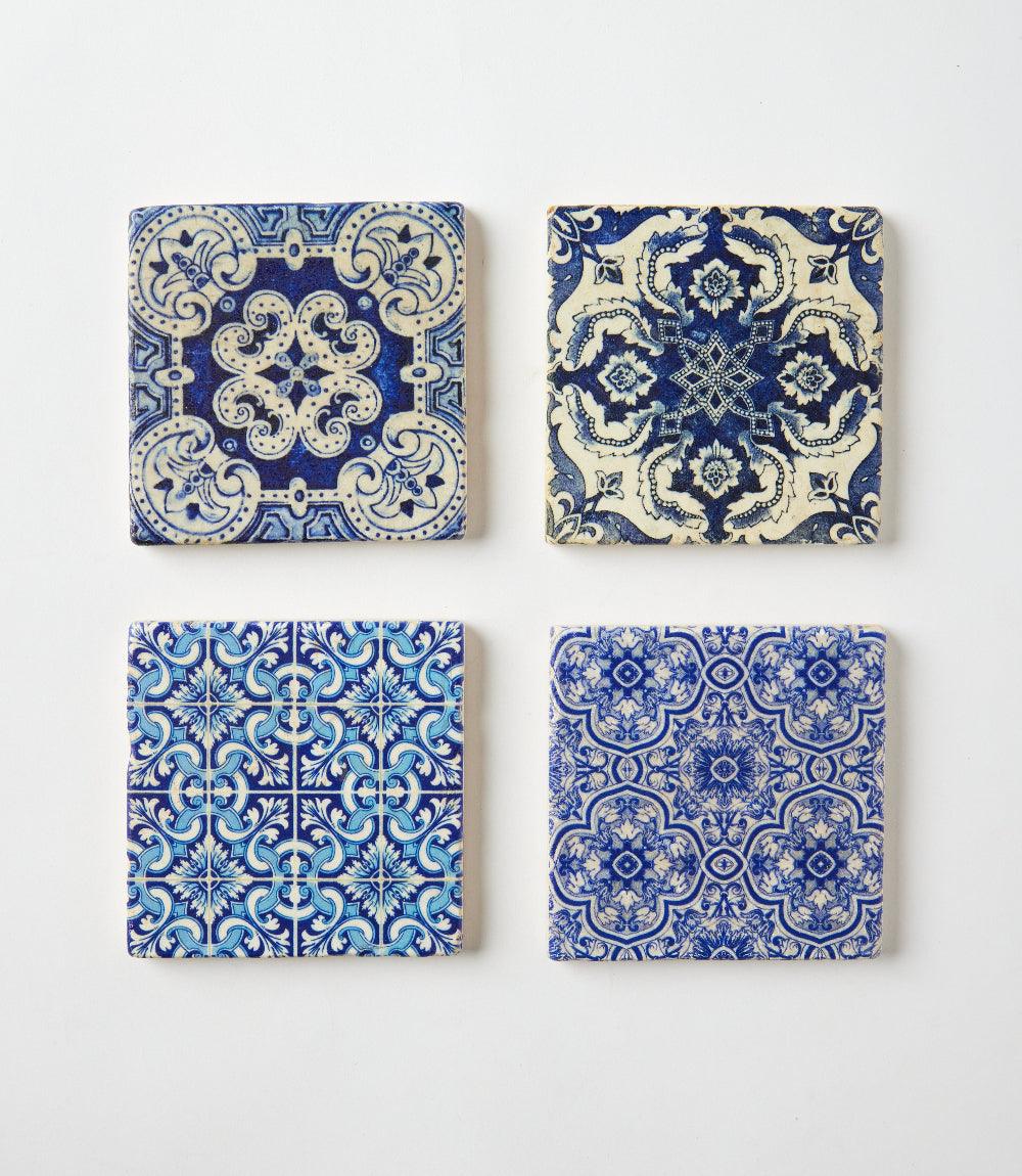 Set of 4 Italian Tile Marble Coasters with blue intricate tile-inspired design and cork backing