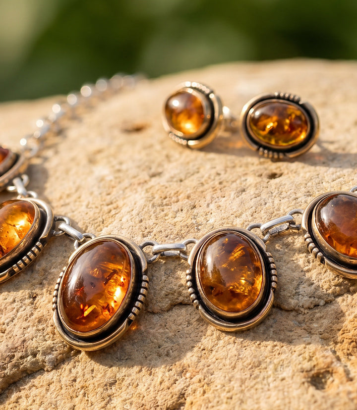 Vintage Amber Station Necklace And Earring Set