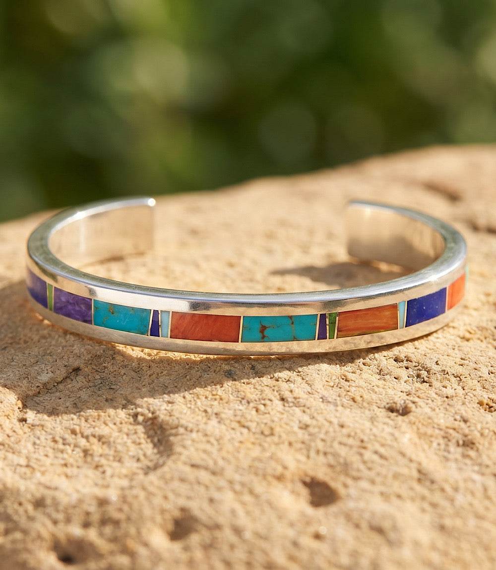 Multistone Inlay sterling silver cuff bracelet with colorful stones in geometric design