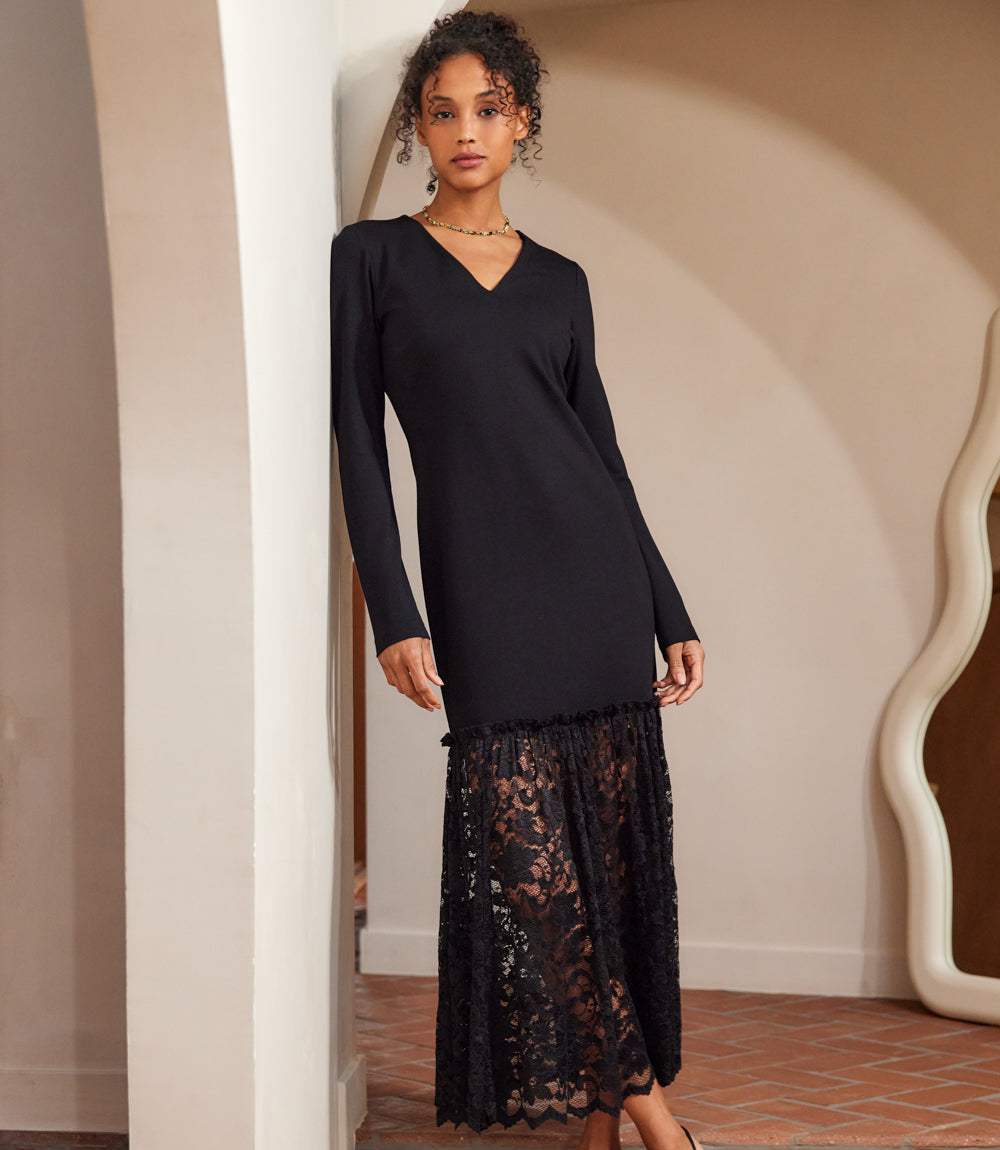 Long Sleeve Contrast Lace V-Neck Dress - Elegant & Flattering Fit Karen Kane Long Sleeve Contrast Lace V-Neck Dress - Elegant & Flattering Fit Karen Kane