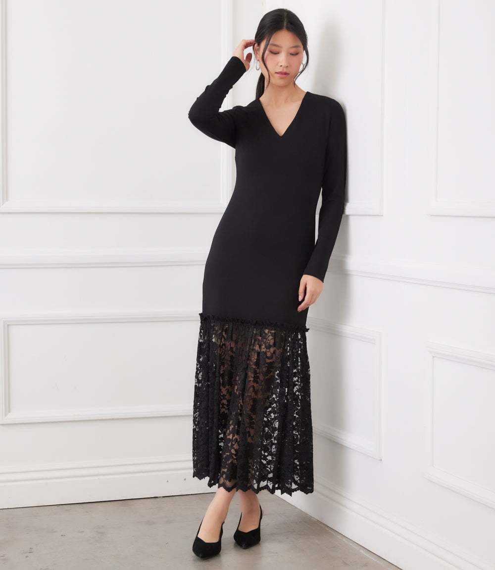 Long Sleeve Contrast Lace V-Neck Dress - Elegant & Flattering Fit Karen Kane Long Sleeve Contrast Lace V-Neck Dress - Elegant & Flattering Fit Karen Kane
