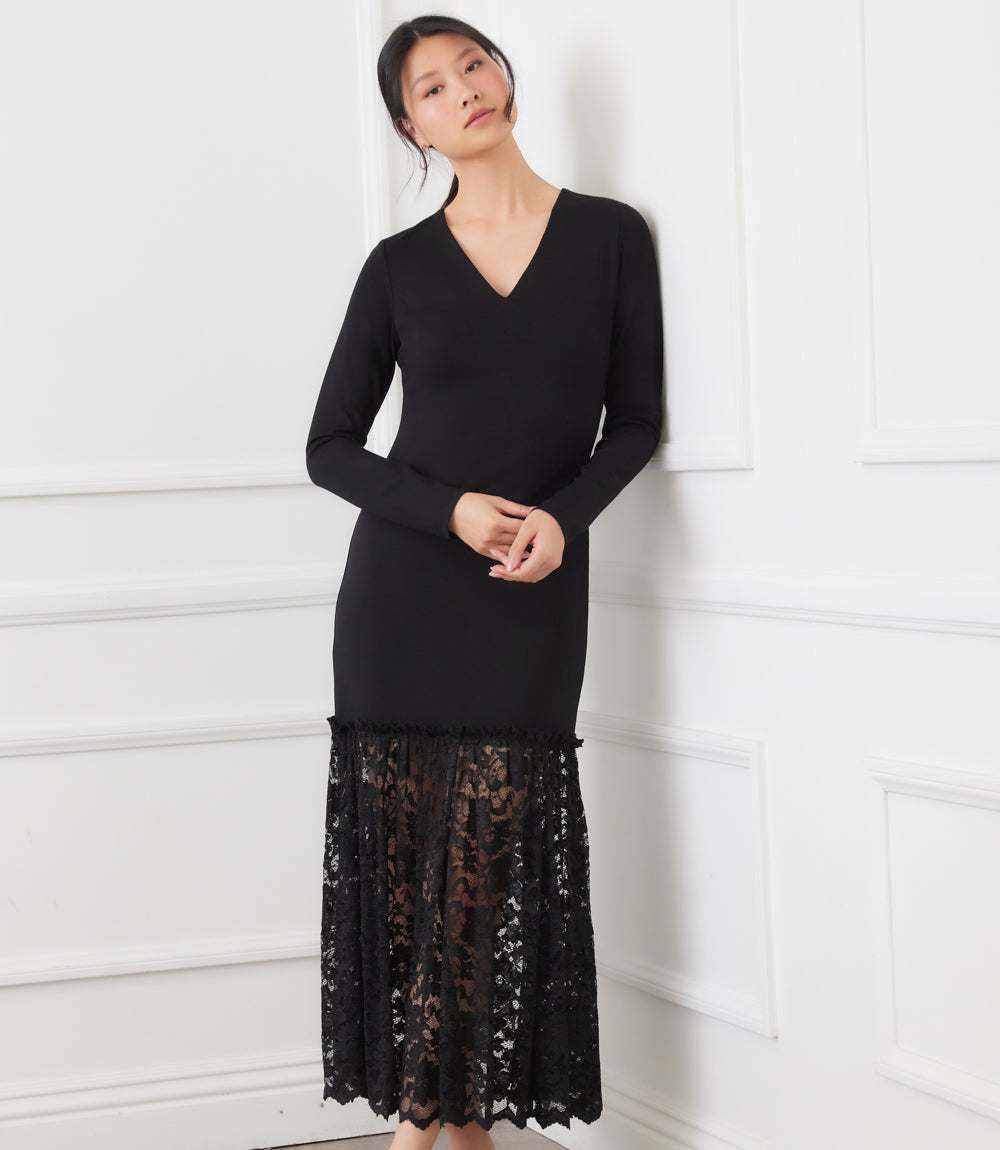 Long Sleeve Contrast Lace V-Neck Column Dress