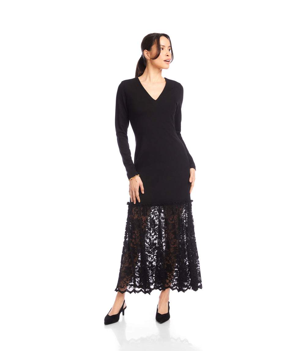 Long Sleeve Contrast Lace V-Neck Dress - Elegant & Flattering Fit Karen Kane Long Sleeve Contrast Lace V-Neck Dress - Elegant & Flattering Fit Karen Kane
