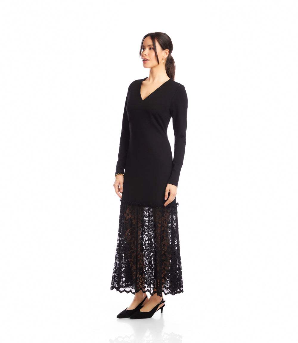 Long Sleeve Contrast Lace V-Neck Dress - Elegant & Flattering Fit Karen Kane Long Sleeve Contrast Lace V-Neck Dress - Elegant & Flattering Fit Karen Kane