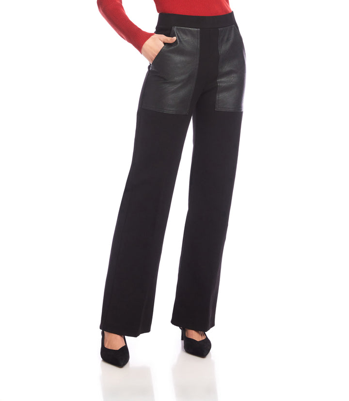 Contrast Faux Leather Pocket Wide-Leg Pants