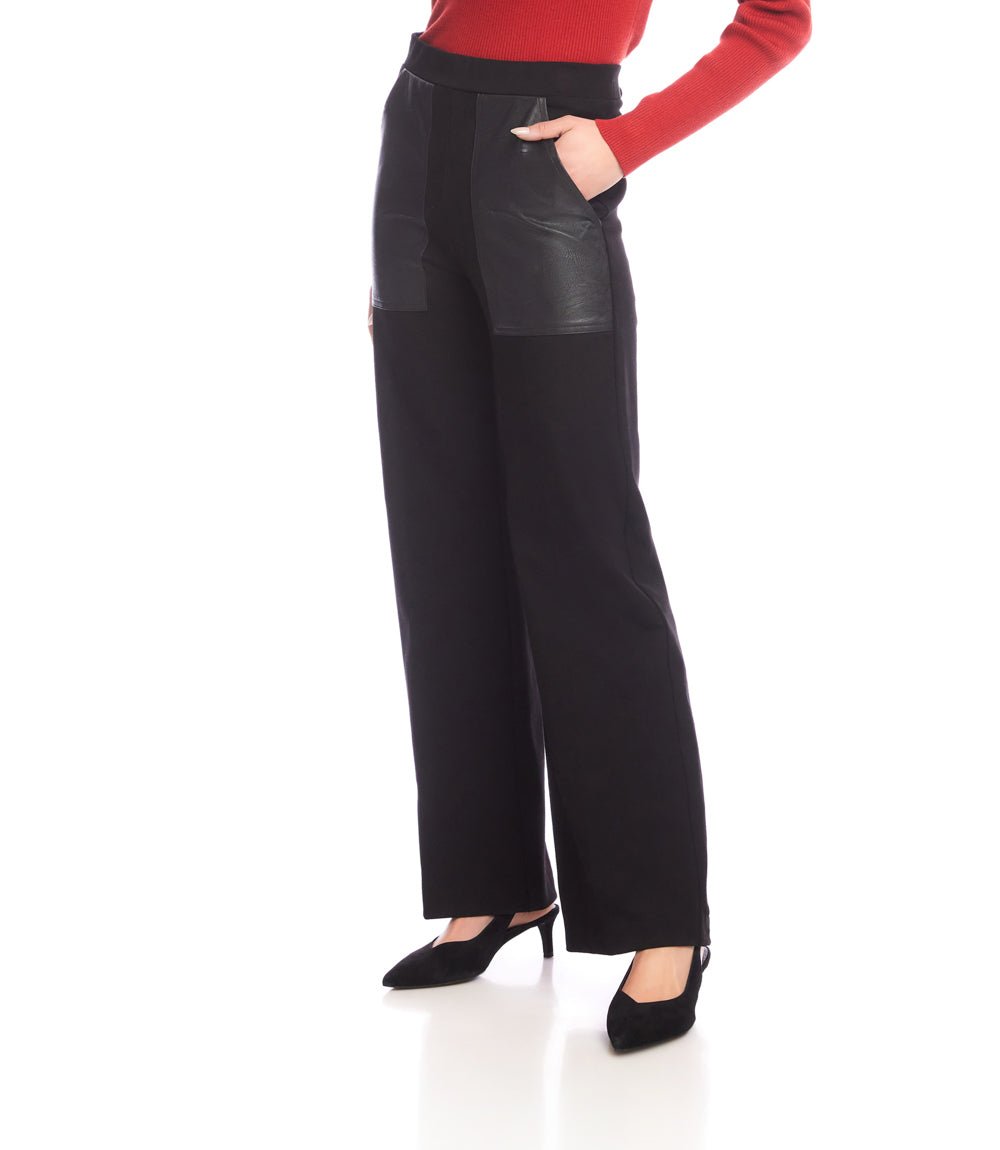 Contrast Faux Leather Pocket Wide-Leg Pants