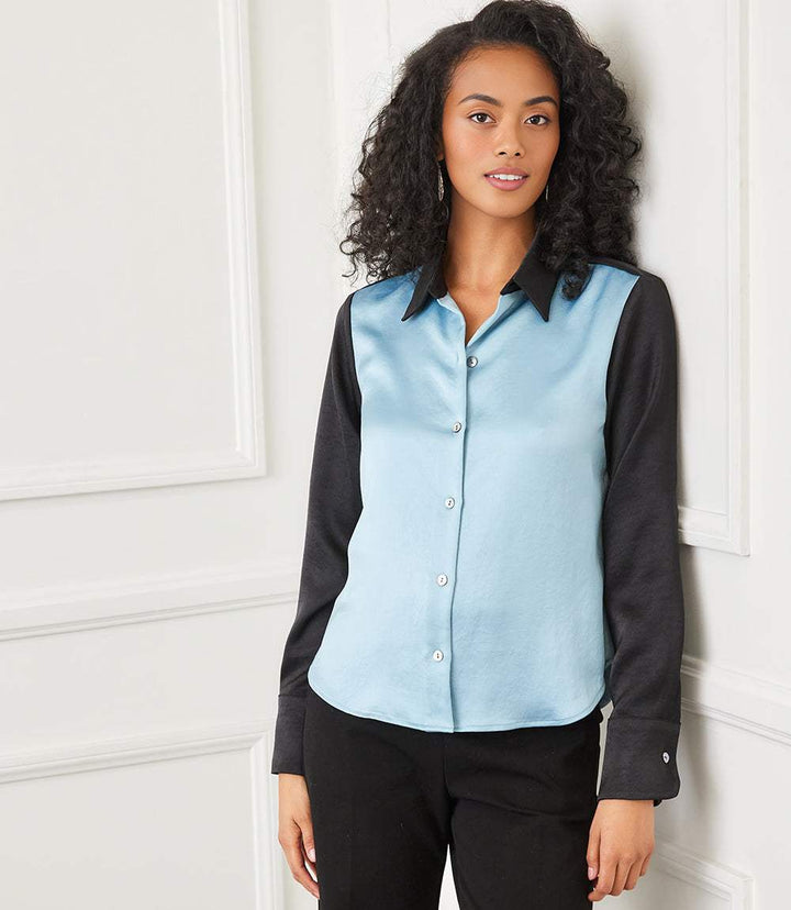 Long Sleeve Satin Colorblock Shirt
