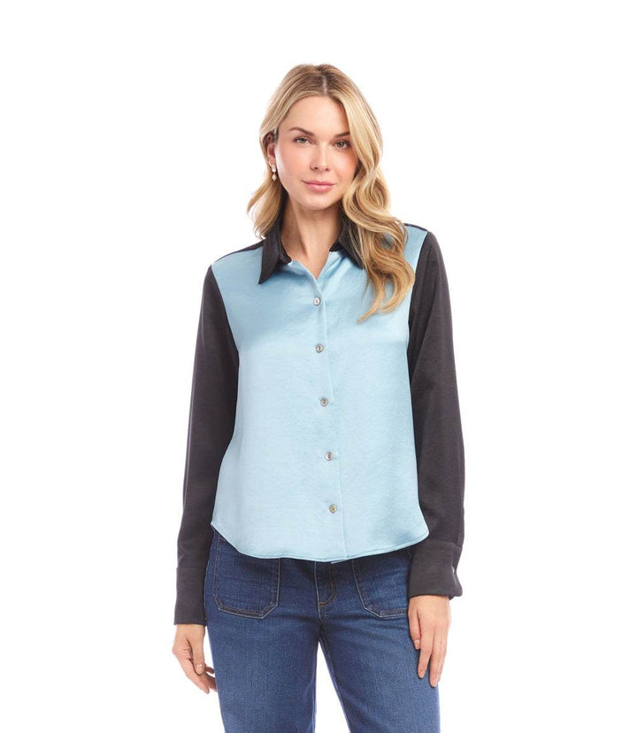 Long Sleeve Satin Colorblock Shirt