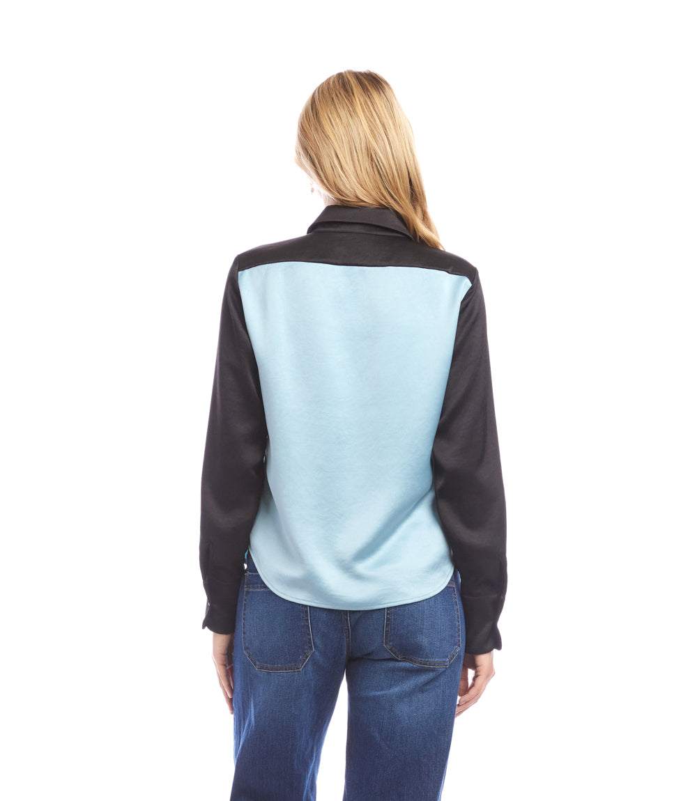 Long Sleeve Satin Colorblock Shirt