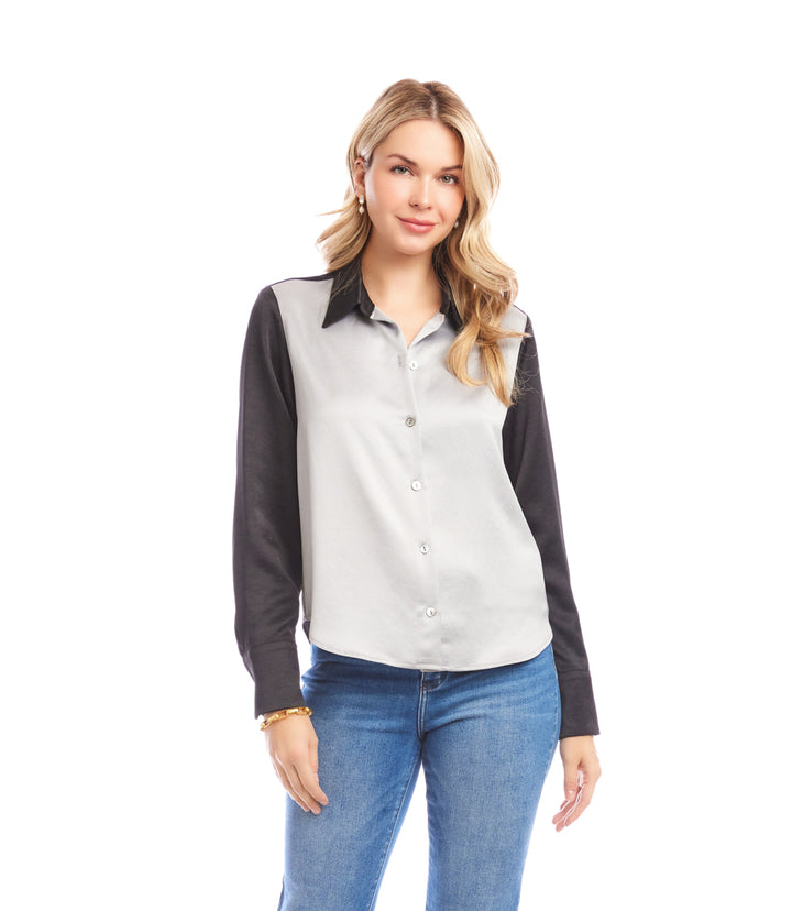 Long Sleeve Satin Colorblock Shirt