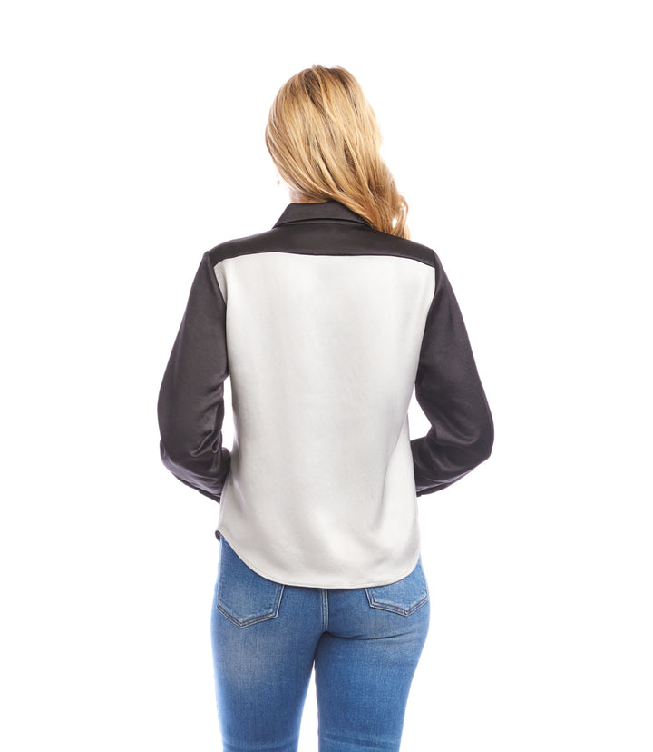 Long Sleeve Satin Colorblock Shirt