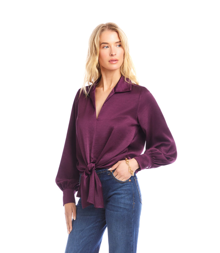 Long Sleeve Satin Tie-Front Top