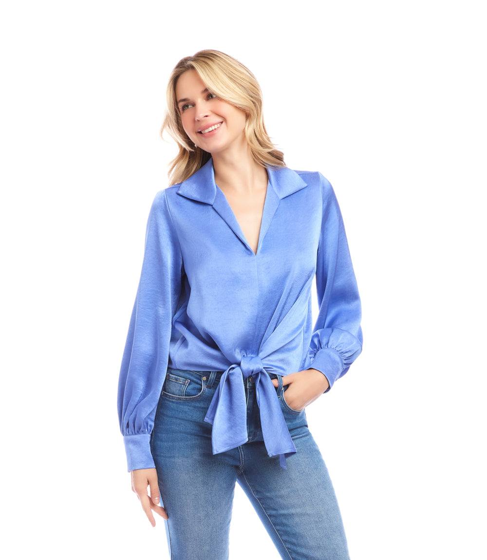 Long Sleeve Satin Tie-Front Top