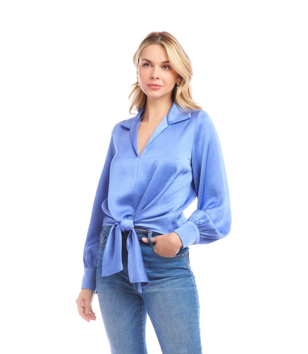 Long Sleeve Satin Tie-Front Top
