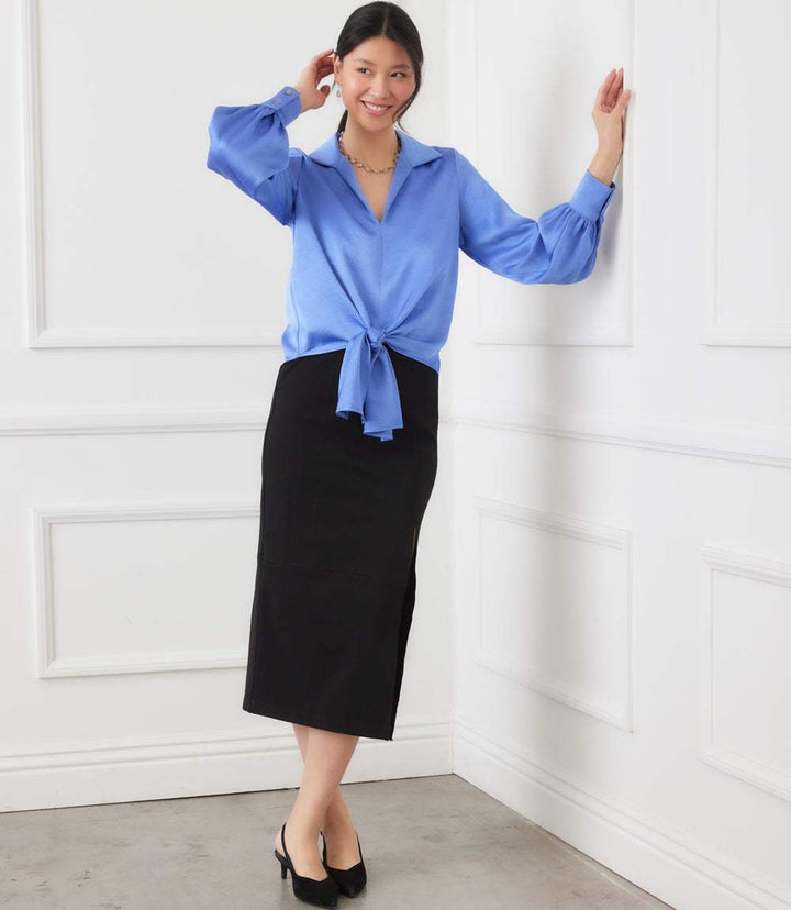 Long Sleeve Satin Tie-Front Top