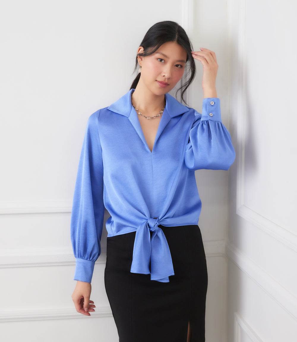 Long Sleeve Satin Tie-Front Top