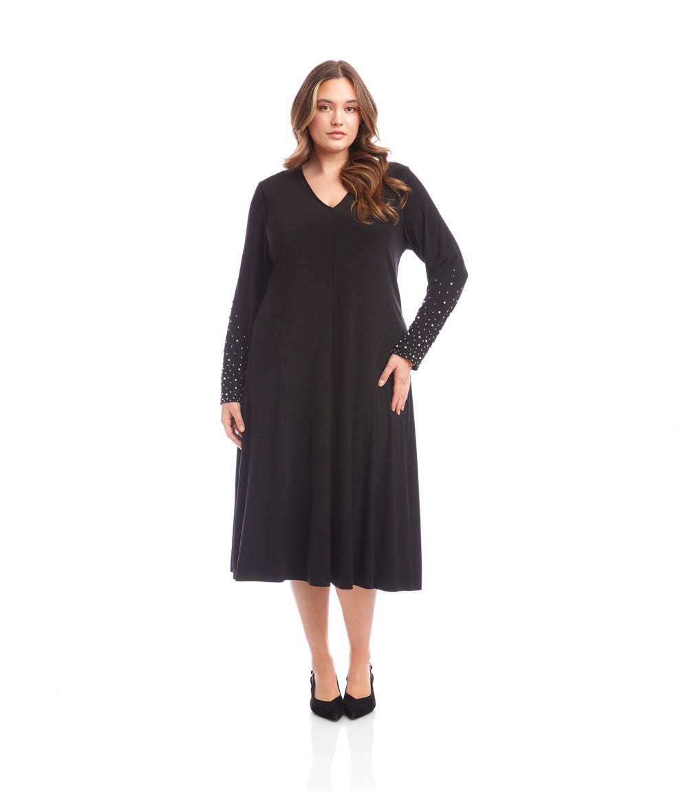 Plus Size Kate Beaded Sleeve Midi Travel Dress in black with V-neck and embellished long sleeves