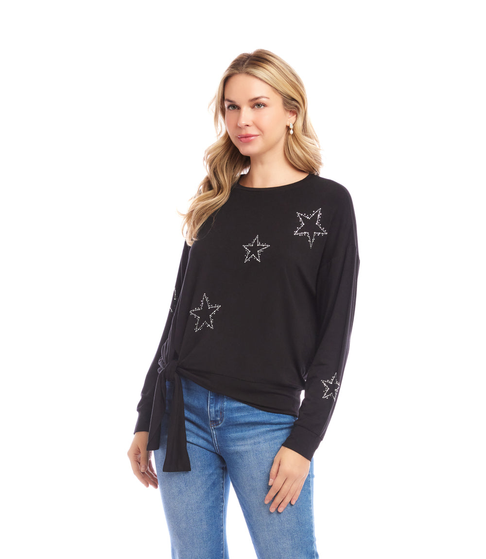 Long Sleeve Embellished Star Tie-Top