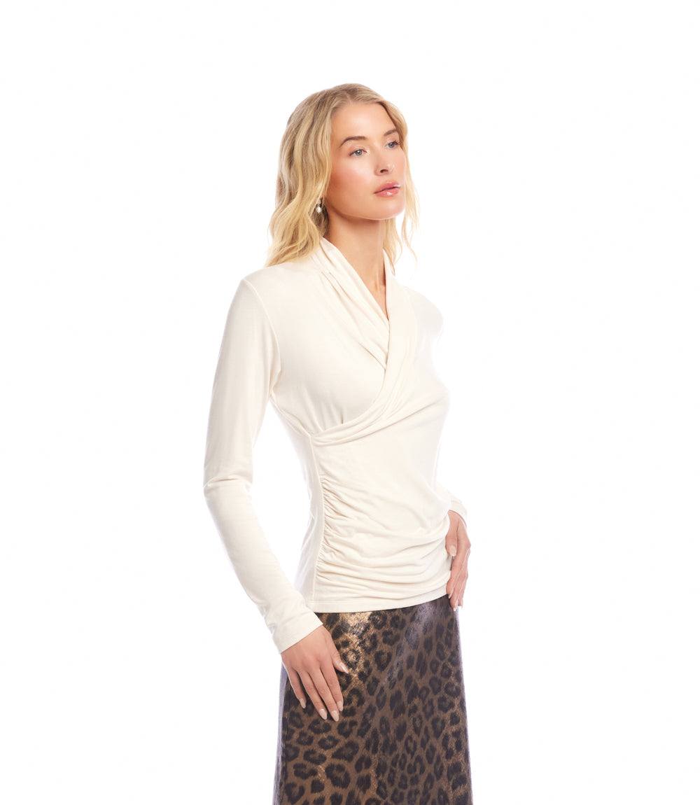 Petite Size Long Sleeve Crossover Side-Shirred Top