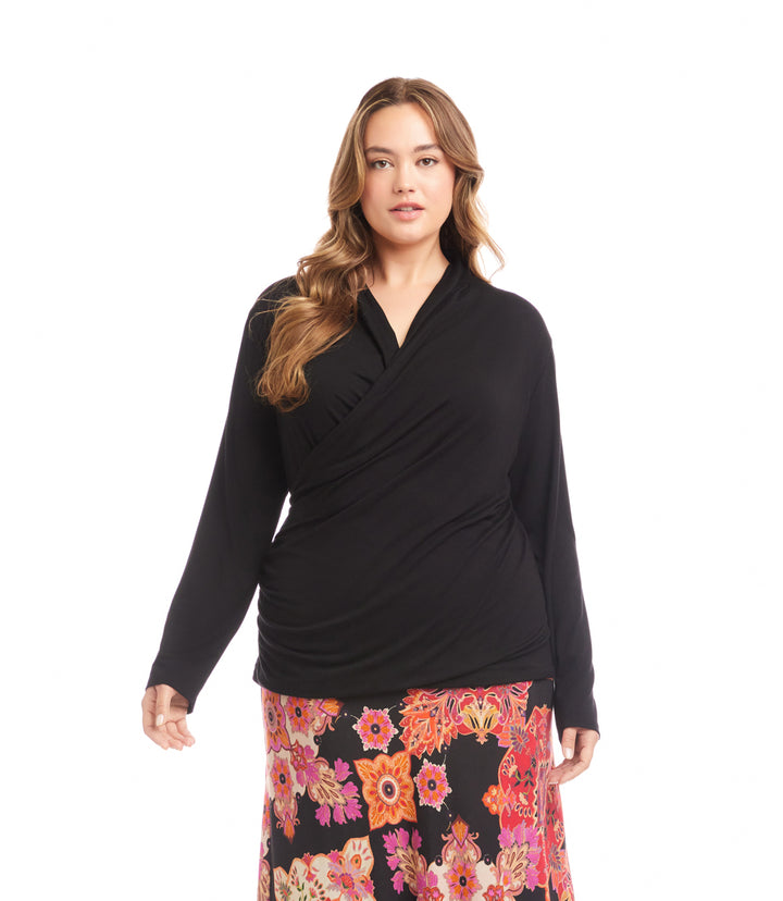 Plus Size Long Sleeve Crossover Side-Shirred Top