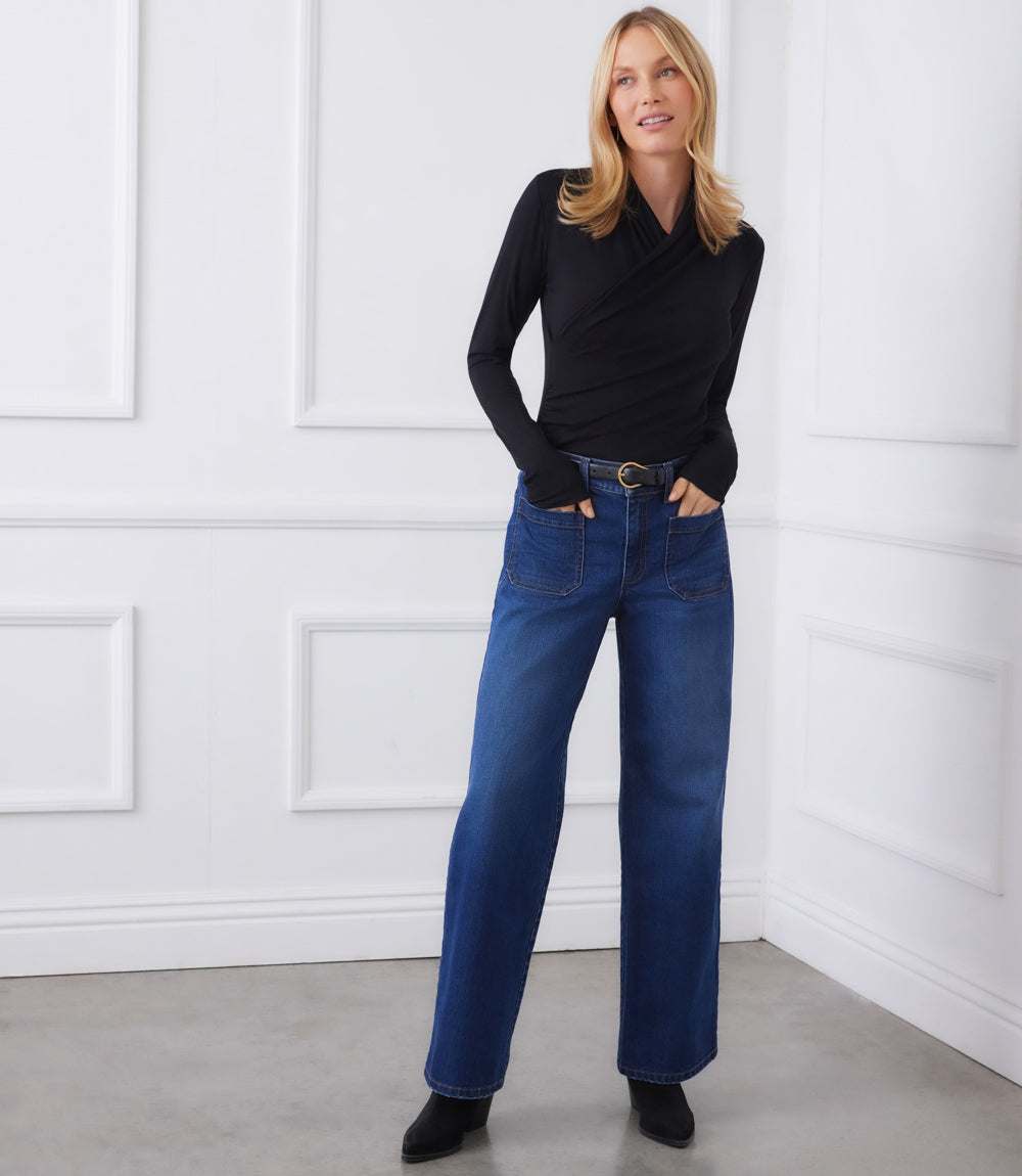 Long Sleeve Crossover Side-Shirred Top