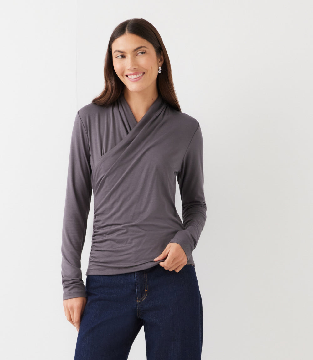 Long Sleeve Crossover Side-Shirred Top
