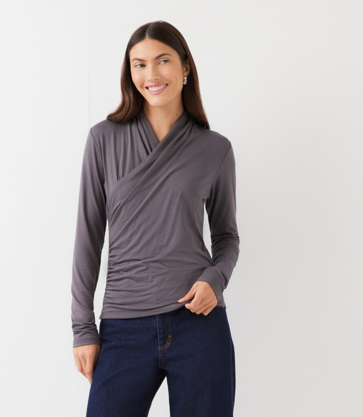 Long Sleeve Crossover Side-Shirred Top