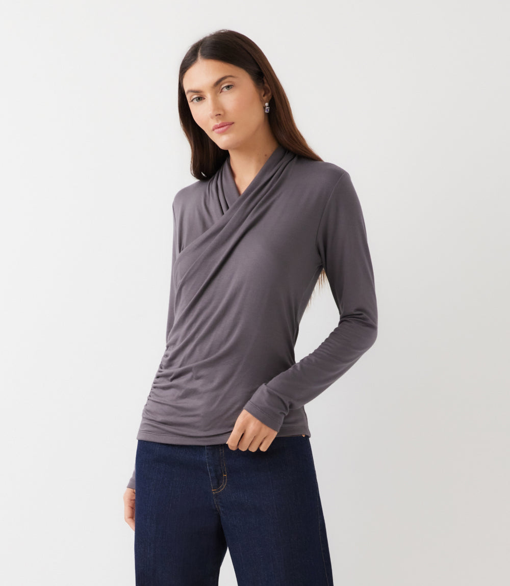 Long Sleeve Crossover Side-Shirred Top