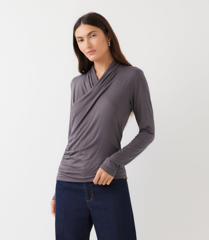 Long Sleeve Crossover Side-Shirred Top