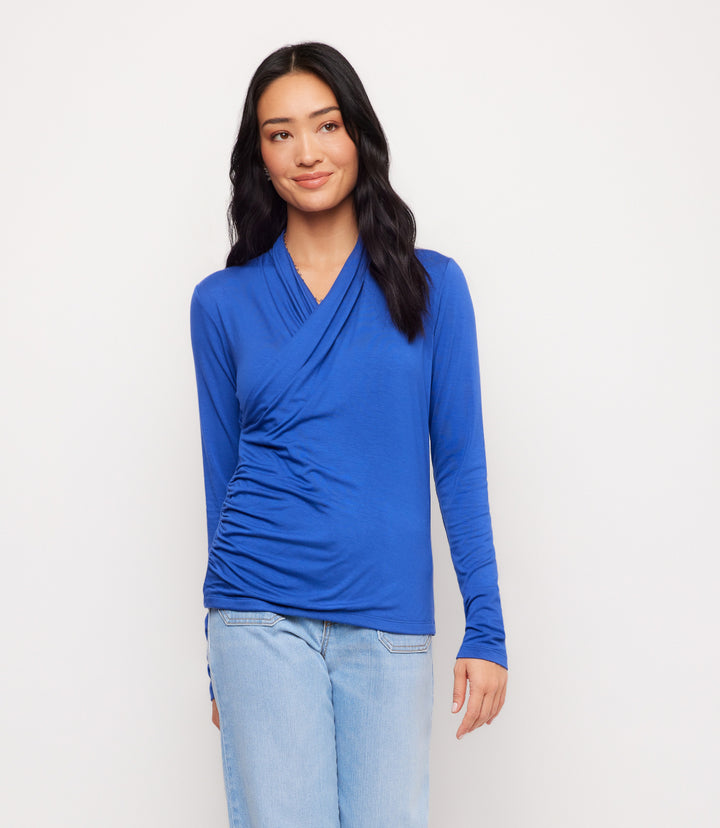 Long Sleeve Crossover Side-Shirred Top