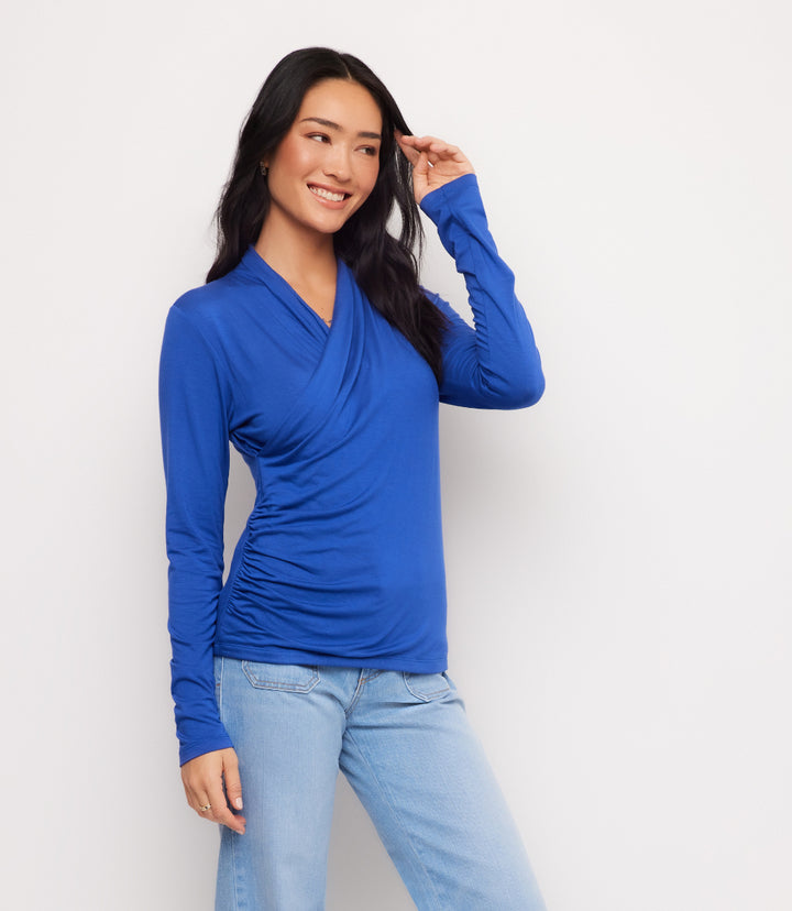 Long Sleeve Crossover Side-Shirred Top