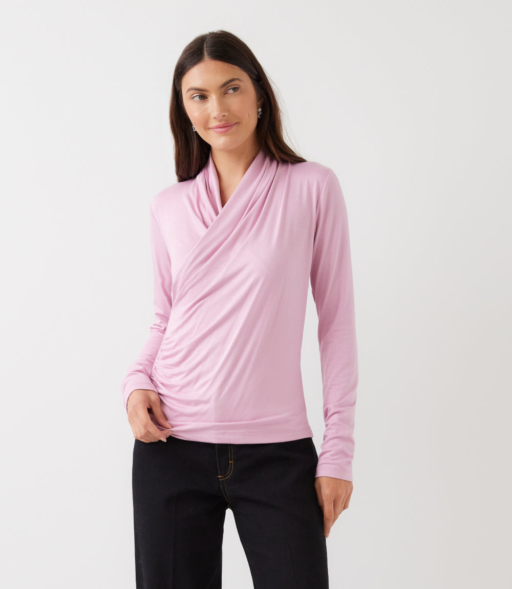 Long Sleeve Crossover Side-Shirred Top